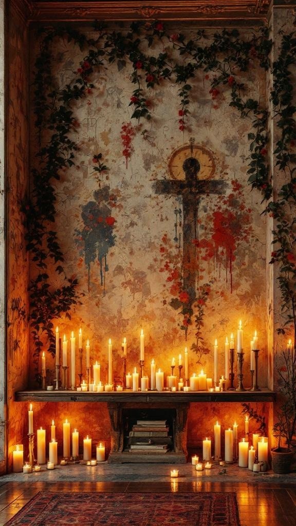 A living room altar wall adorned with candles and artistic elements.