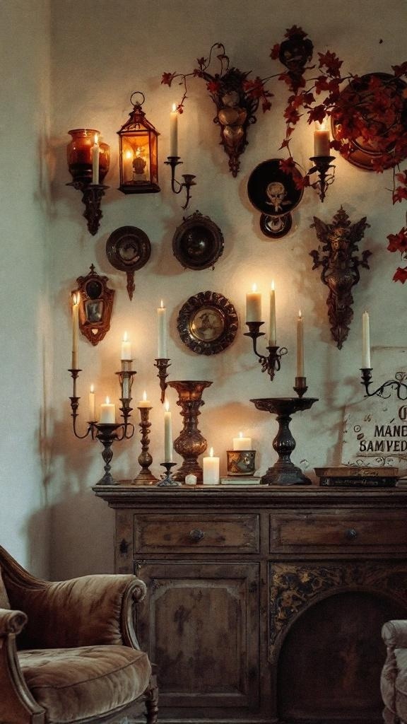 A vintage candle collection displayed on a wall altar with various candle holders and candles.