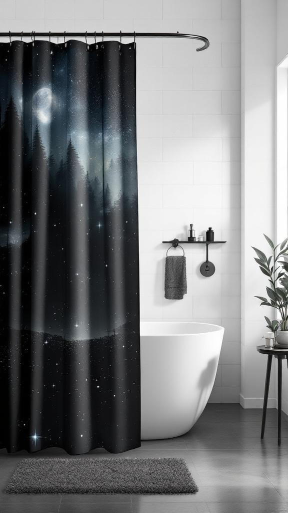 Dark themed shower curtain with a starry night design