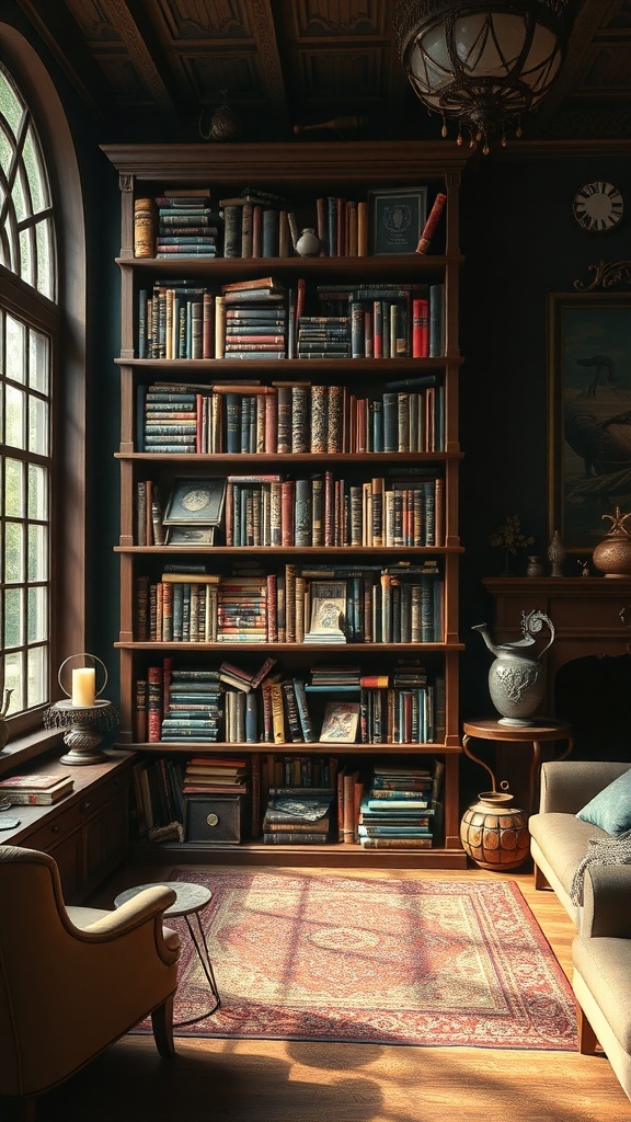 A dark wooden bookshelf filled with various books, a cozy chair nearby, and a warm light illuminating the space.