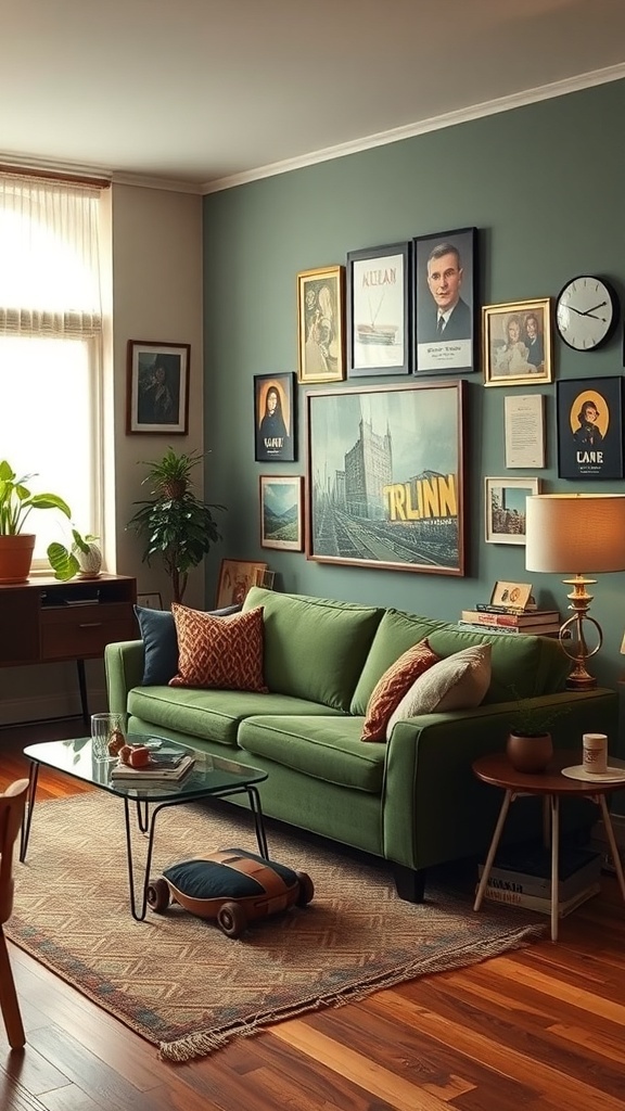 A cozy living room featuring an olive green sofa, vintage artwork on the walls, and warm wooden floors.