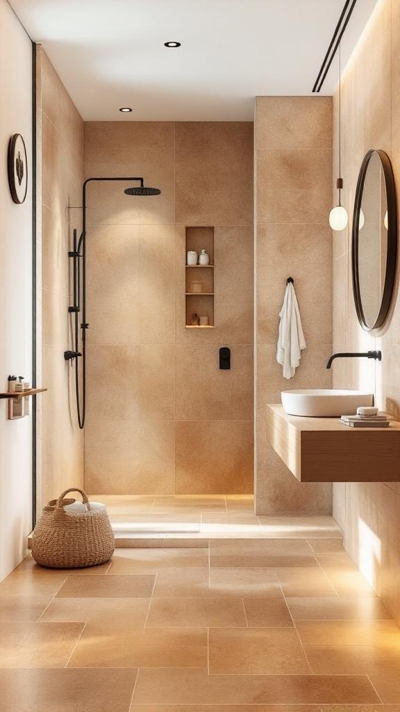 A modern bathroom featuring warm sandstone flooring, a shower, and a round mirror.
