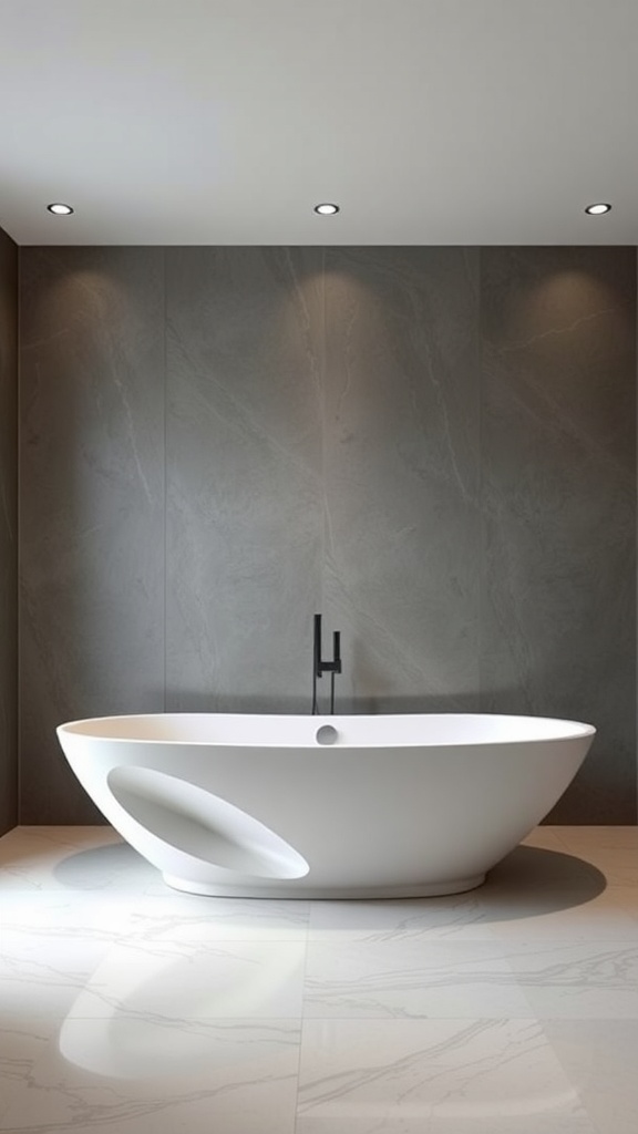 A modern, minimalist bathtub in a stylish bathroom setting.