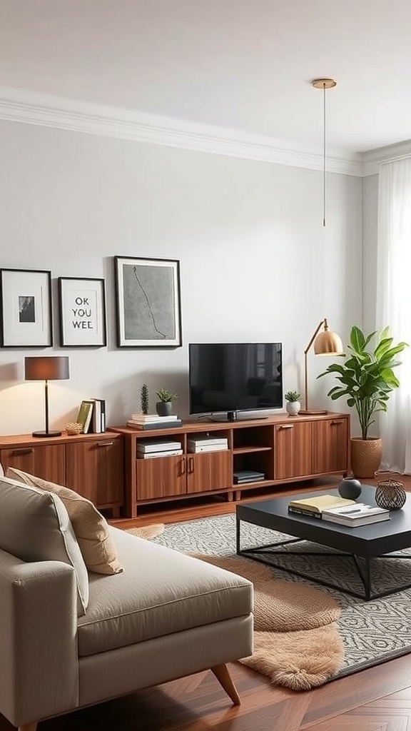 A cozy living room with a stylish TV stand, decorative plants, and a warm color palette.