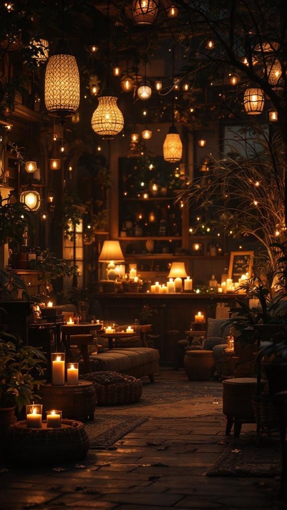 A cozy living room with various light sources including hanging lanterns and candles.