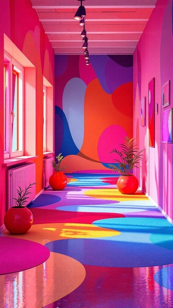 A vibrant living room with dramatic color accents featuring pink, orange, and blue walls, along with unique decor elements.