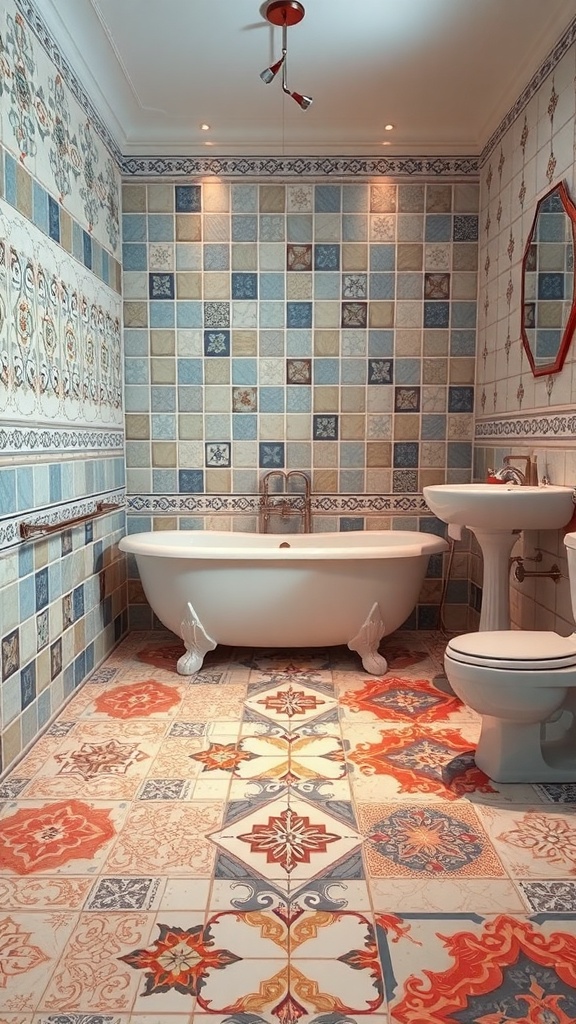 A bathroom featuring artistic tile patterns on the walls and floor, with a freestanding bathtub and modern fixtures.