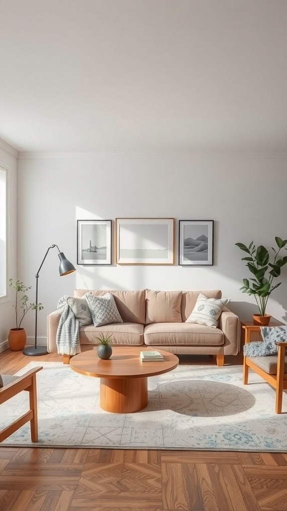 A cozy living room with a neutral color palette, wooden furniture, and decorative elements.