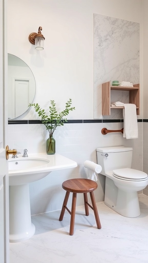 A stylish bathroom featuring a wooden stool for seating.
