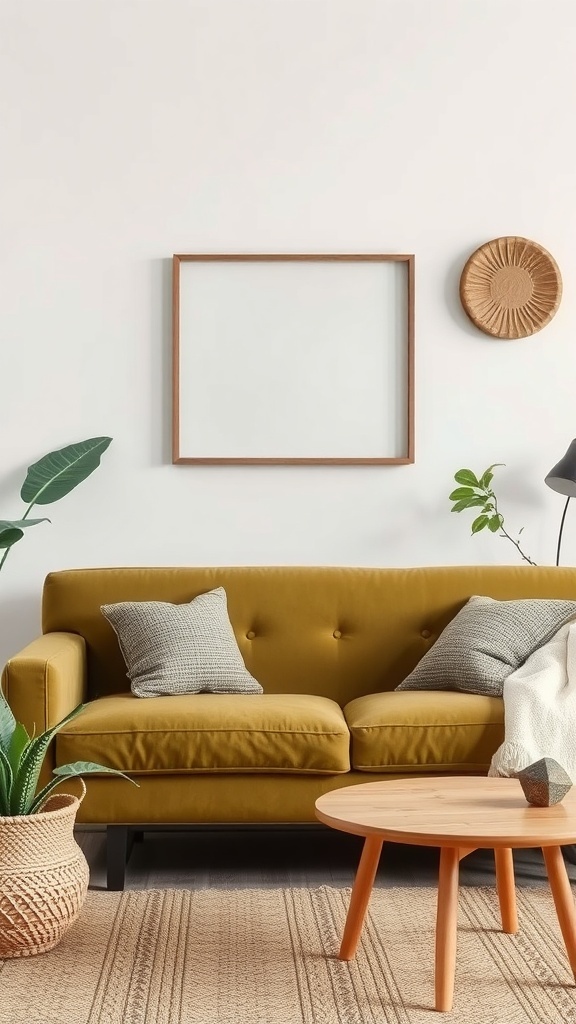 A cozy living room featuring an olive green sofa, a round wooden coffee table, and natural decor elements.