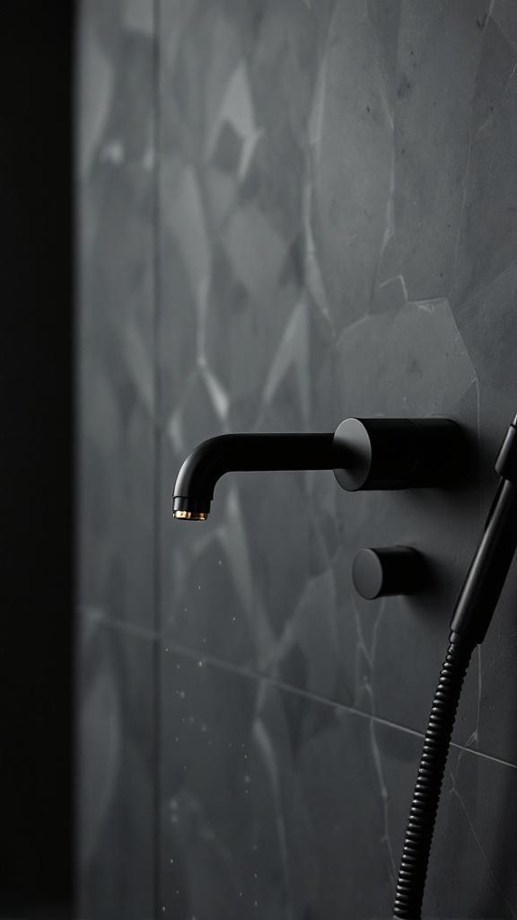 Matte black bathroom faucet against a textured dark wall.