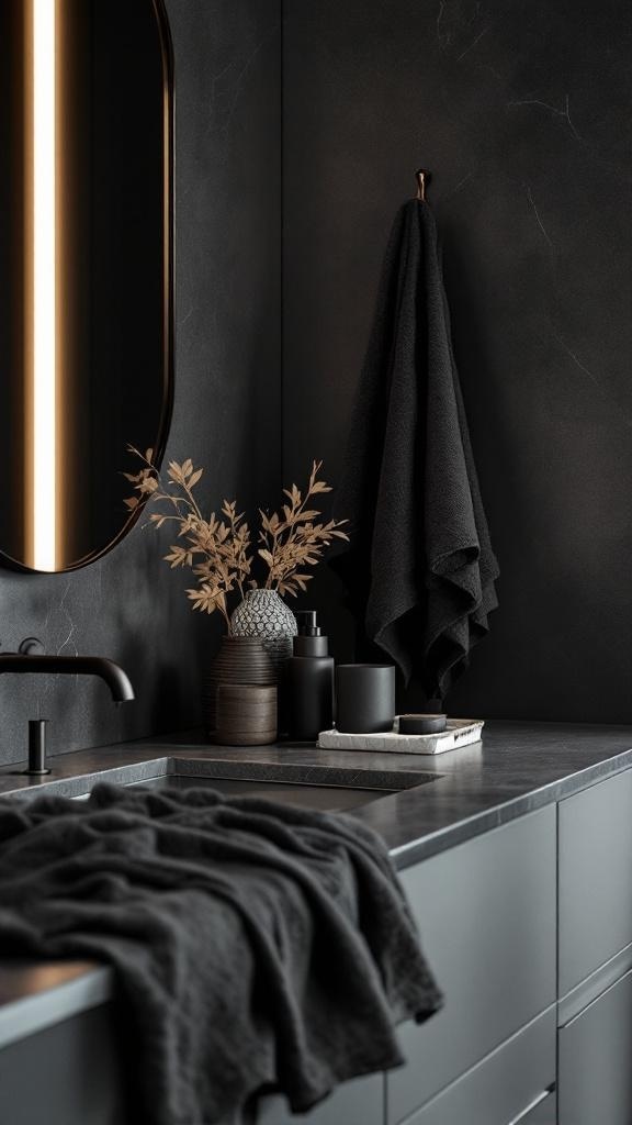 A modern dark bathroom featuring black towels, vases, and a stylish mirror.