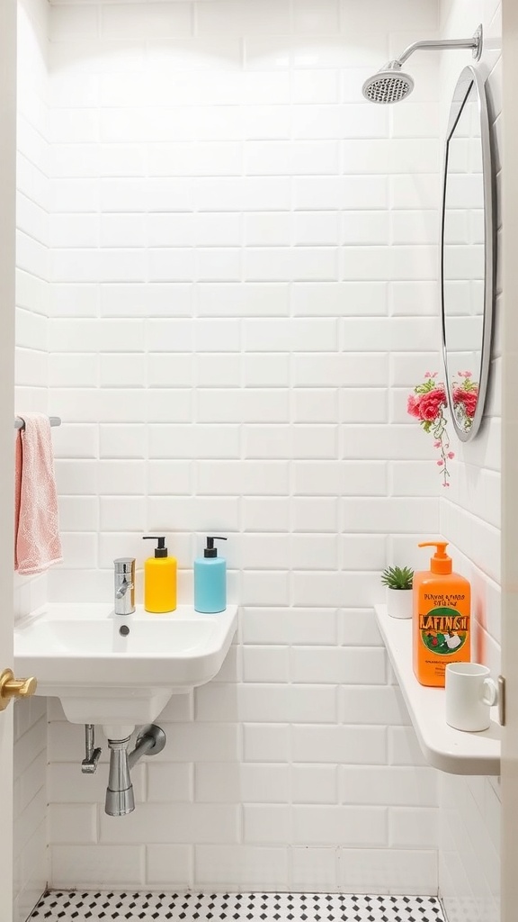 A bright and modern bathroom with white tile walls, colorful soap dispensers, and a small plant accent.