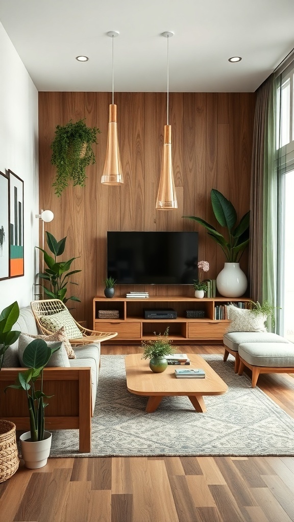 A cozy living room featuring a wooden wall, olive green sofa, and stylish decor elements.