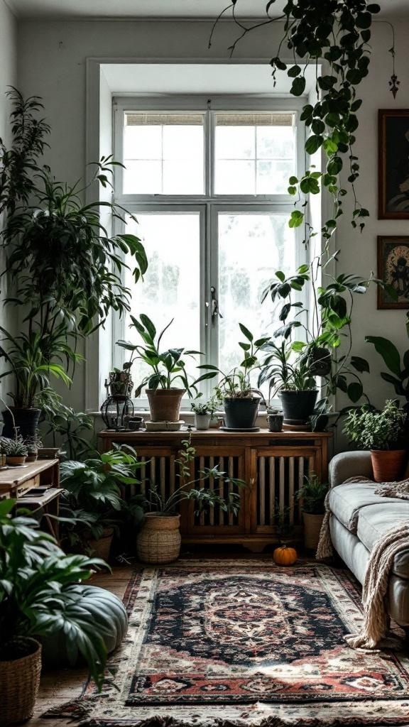 A cozy living room filled with various plants, featuring a wooden cabinet and a plush sofa.