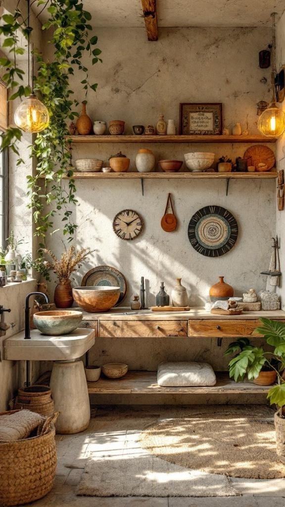 A cozy bathroom featuring handcrafted pottery, wooden shelves, and plants.