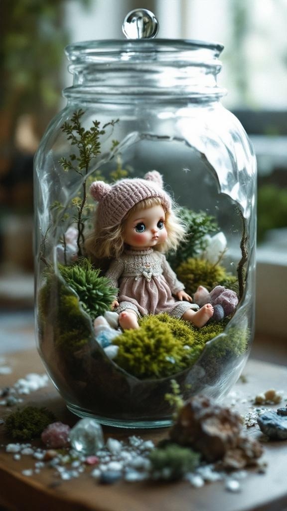 A doll in a glass terrarium surrounded by moss and crystals.
