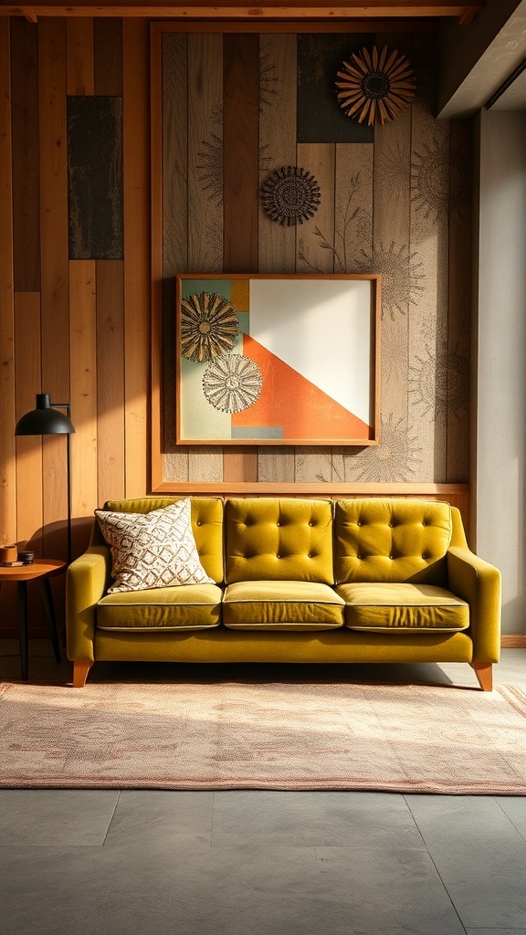 A stylish olive green sofa in a cozy living room with wooden walls and colorful artwork.