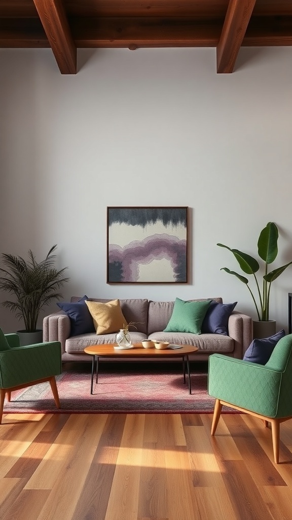 A cozy living room featuring a sofa with colorful pillows, green chairs, and a vibrant rug.
