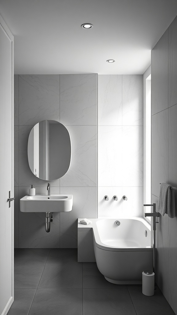 Modern bathroom with an open concept layout featuring a bathtub and sink.