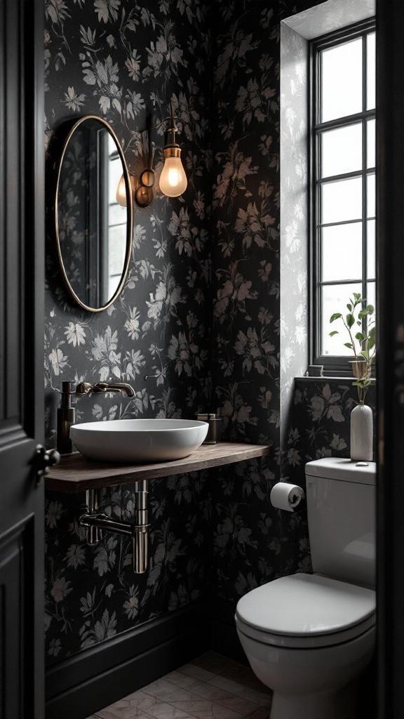 A stylish bathroom featuring dark floral wallpaper, a round mirror, and warm lighting.