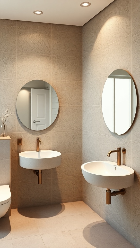 Modern bathroom with unique round wall-mounted sinks and gold faucets.