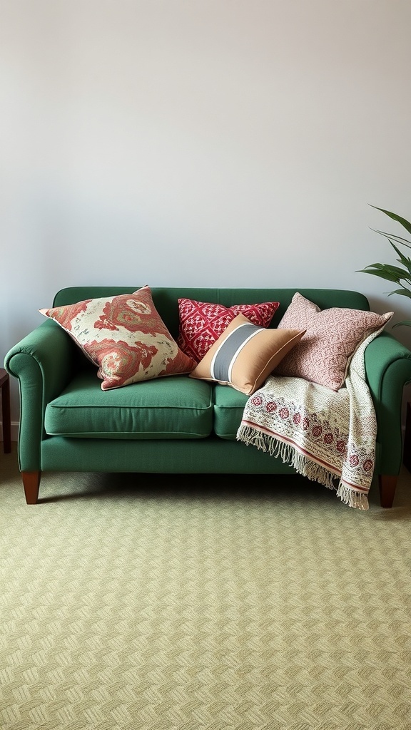 A cozy olive green couch adorned with various patterned throw pillows and a soft blanket.