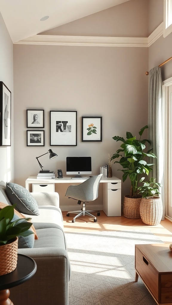 A cozy home office corner with a desk, chair, and plants.