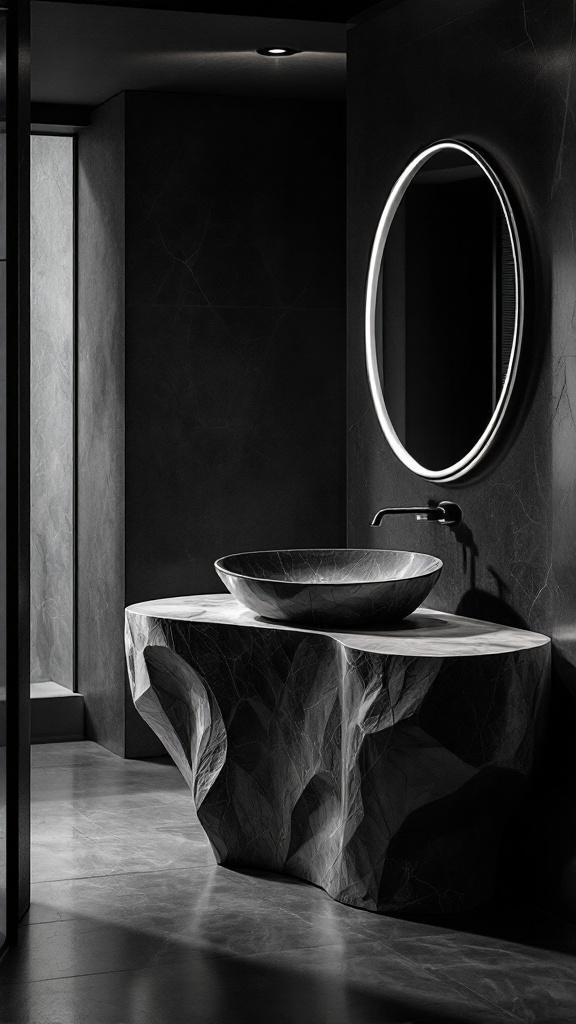 A sculptural sink in a dark bathroom setting