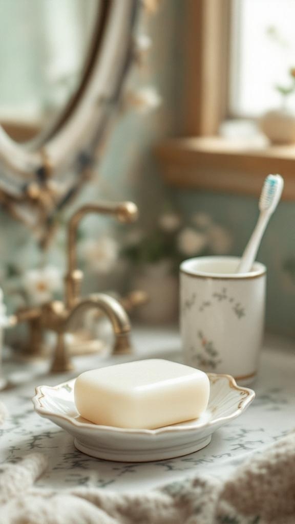 A vintage soap dish with a bar of soap and a toothbrush holder on a bathroom counter.