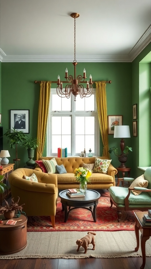 A vintage green living room featuring a retro green couch, yellow accents, and wooden furniture.