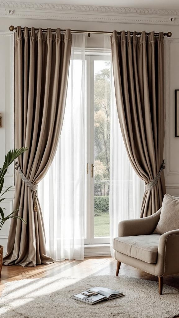 Luxurious velvet curtains framing a window in a stylish living room.