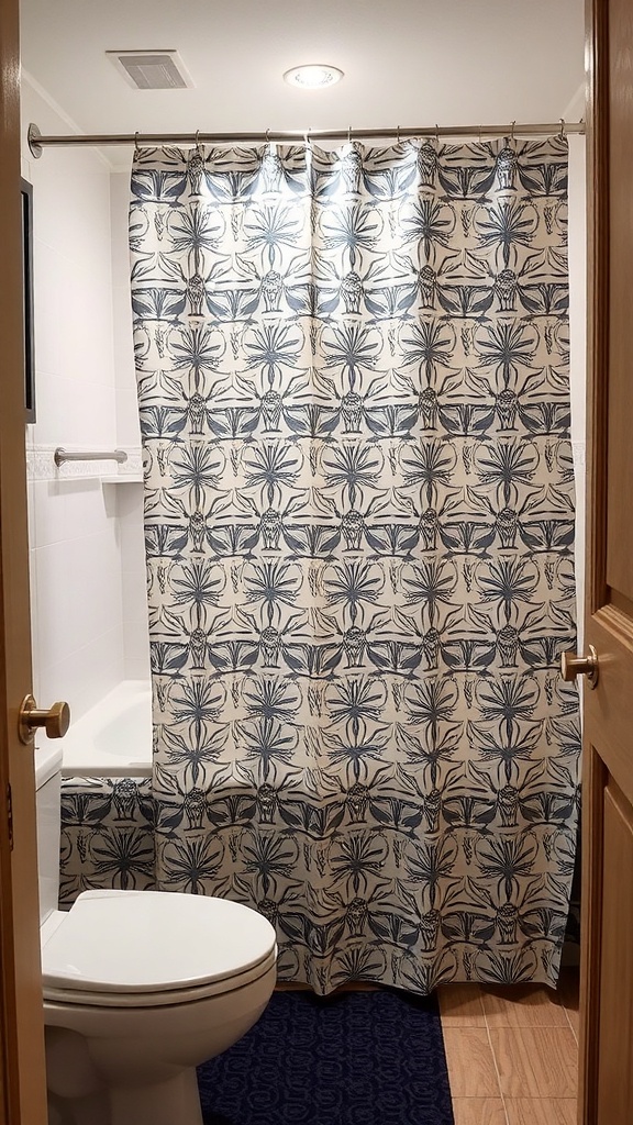 A stylish shower curtain with a floral pattern in a modern bathroom setting.