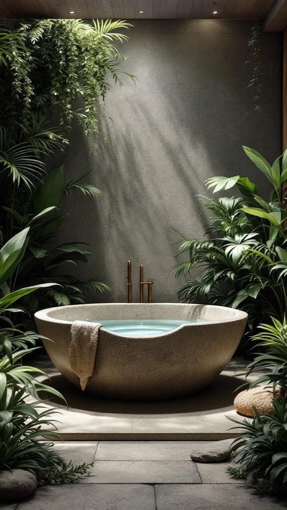 Natural stone bathtub surrounded by plants in a spa-inspired bathroom.