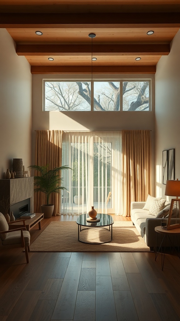Cozy living room with layered lighting, featuring natural light from large windows and warm tones from lamps.
