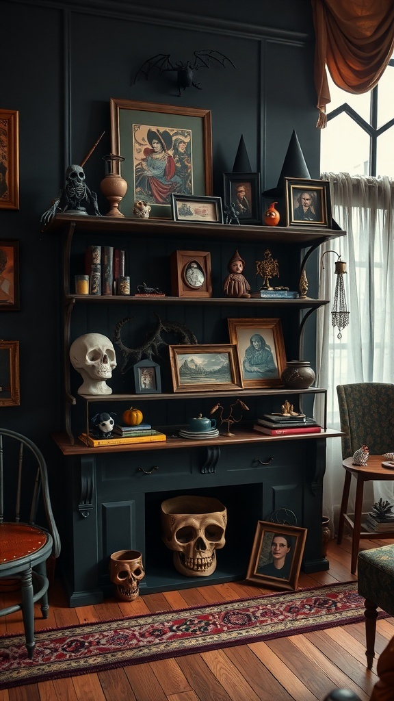 A dark living room with shelves displaying taxidermy, skulls, and vintage art.