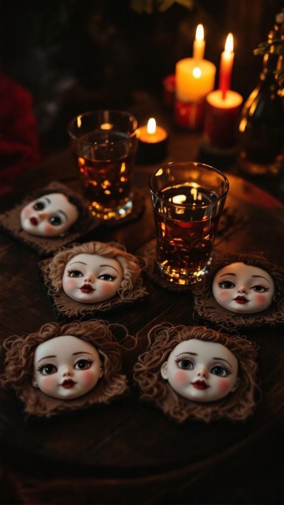 Doll face coasters with drinks and candles