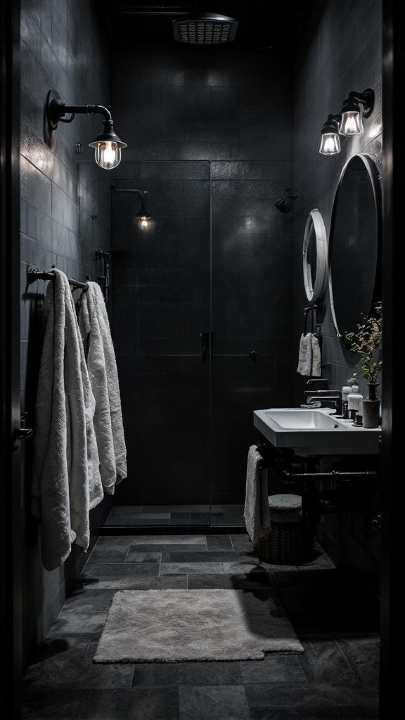 A dark bathroom featuring industrial pipe accents and modern fixtures.