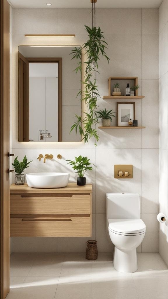 A modern bathroom featuring bamboo elements, warm earth tones, and plants.