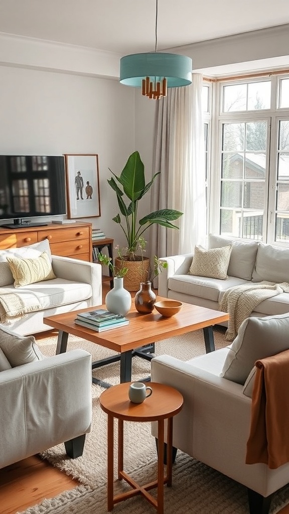 A cozy living room featuring a wooden coffee table surrounded by comfortable seating and decorative plants.