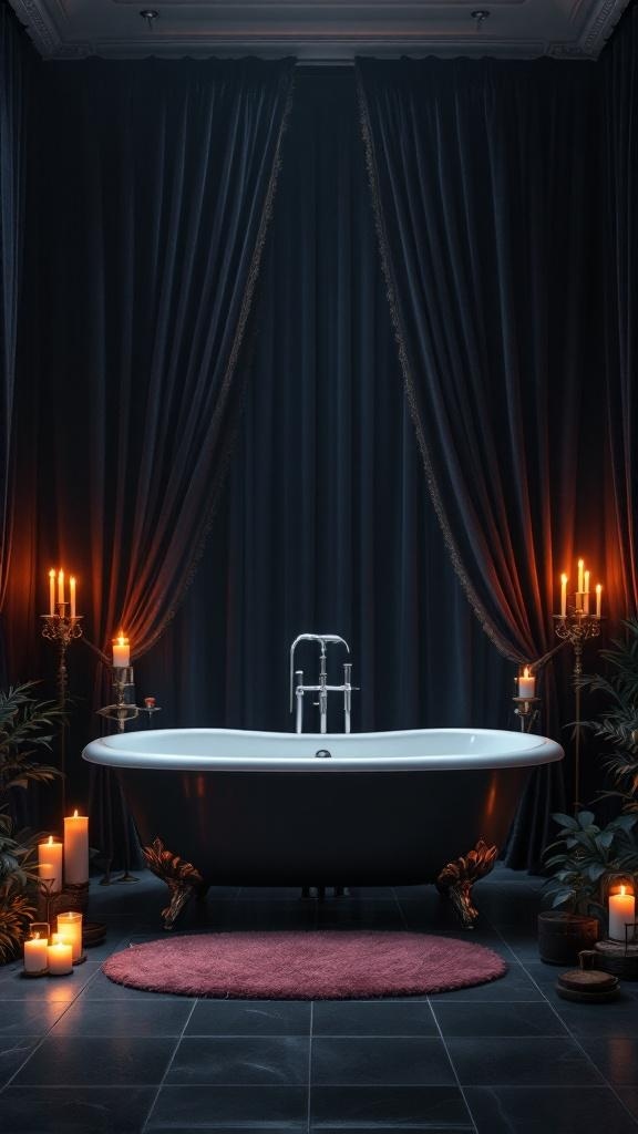 A luxurious bathroom with velvet drapes, a freestanding bathtub, and candles creating a warm glow.