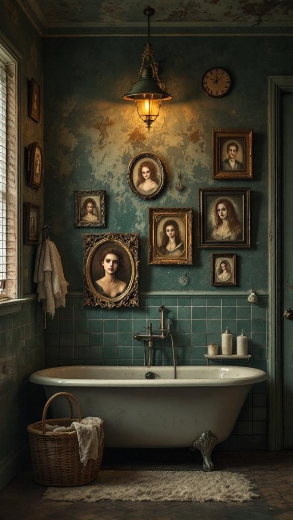A vintage bathroom featuring multiple portraits on the wall, creating a dark academia aesthetic.