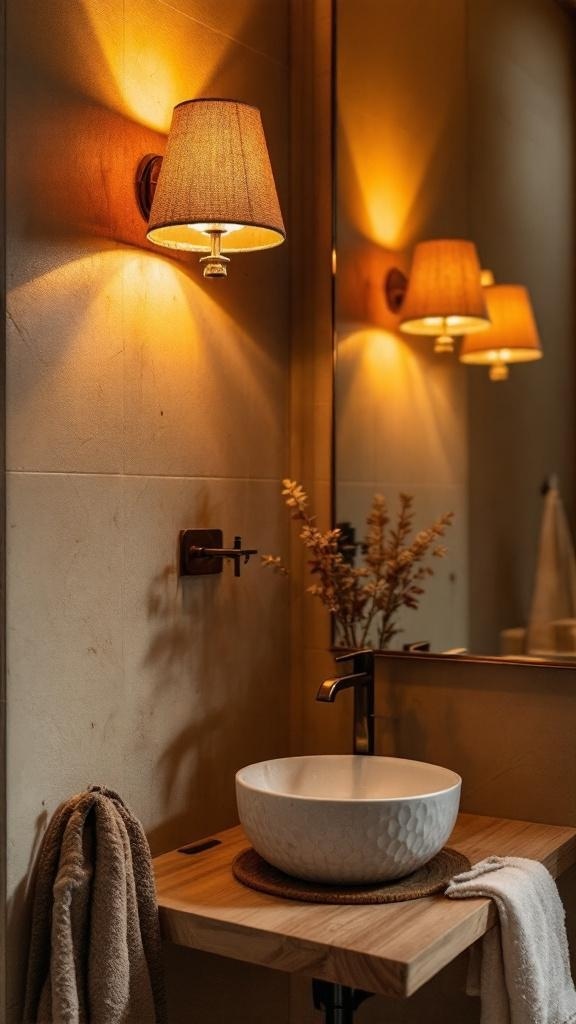 A warm-toned bathroom with decorative lamps providing soft lighting.
