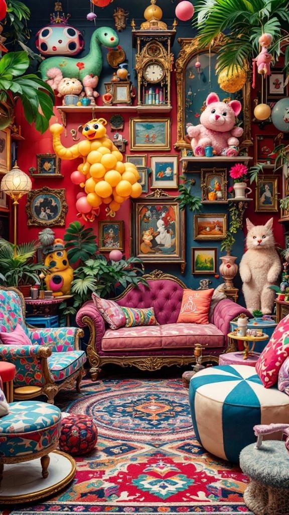 A colorful and whimsical living room with plush toys, velvet furniture, and vibrant decor.