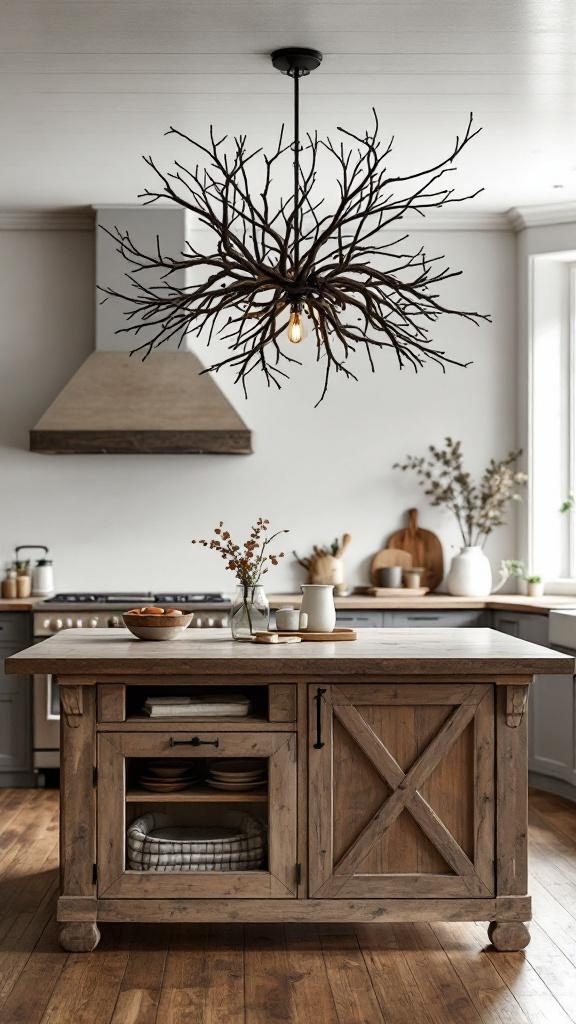 A rustic branch chandelier hanging above a farmhouse kitchen island.