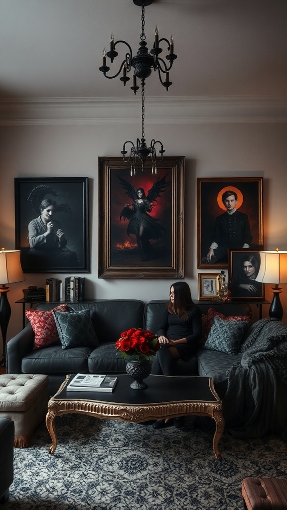 A gothic-inspired living room with dark artwork and a cozy seating area.