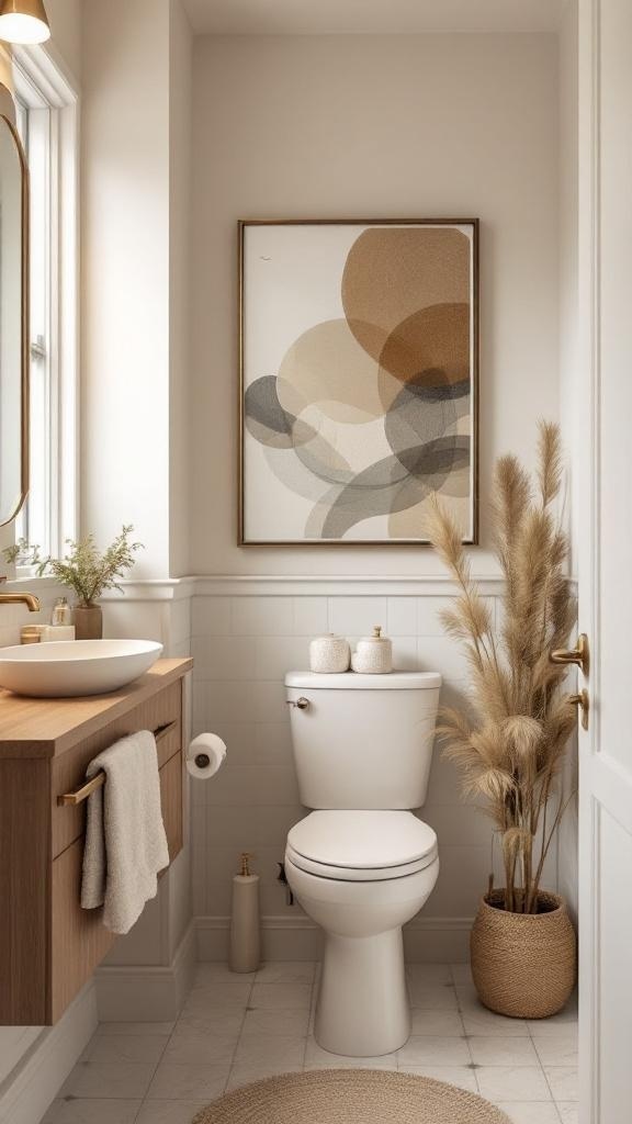 A spa-inspired bathroom featuring earth-toned artwork, a wooden vanity, and decorative plants.