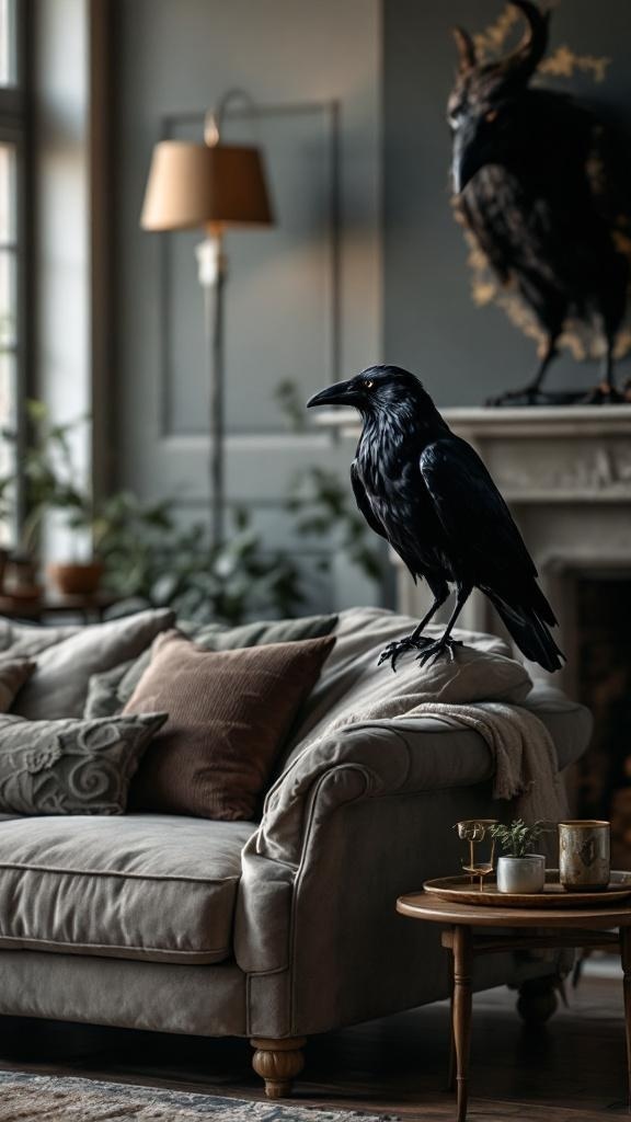 A living room featuring a taxidermy crow on a couch with velvet pillows.
