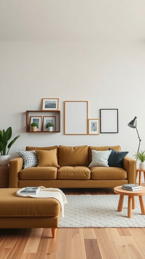 A cozy living room featuring an olive green sofa, wooden coffee table, and decorative accents.