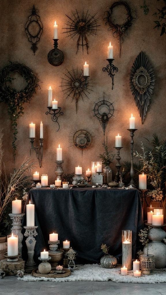 A beautifully arranged living room altar wall with various candles and decorative elements.